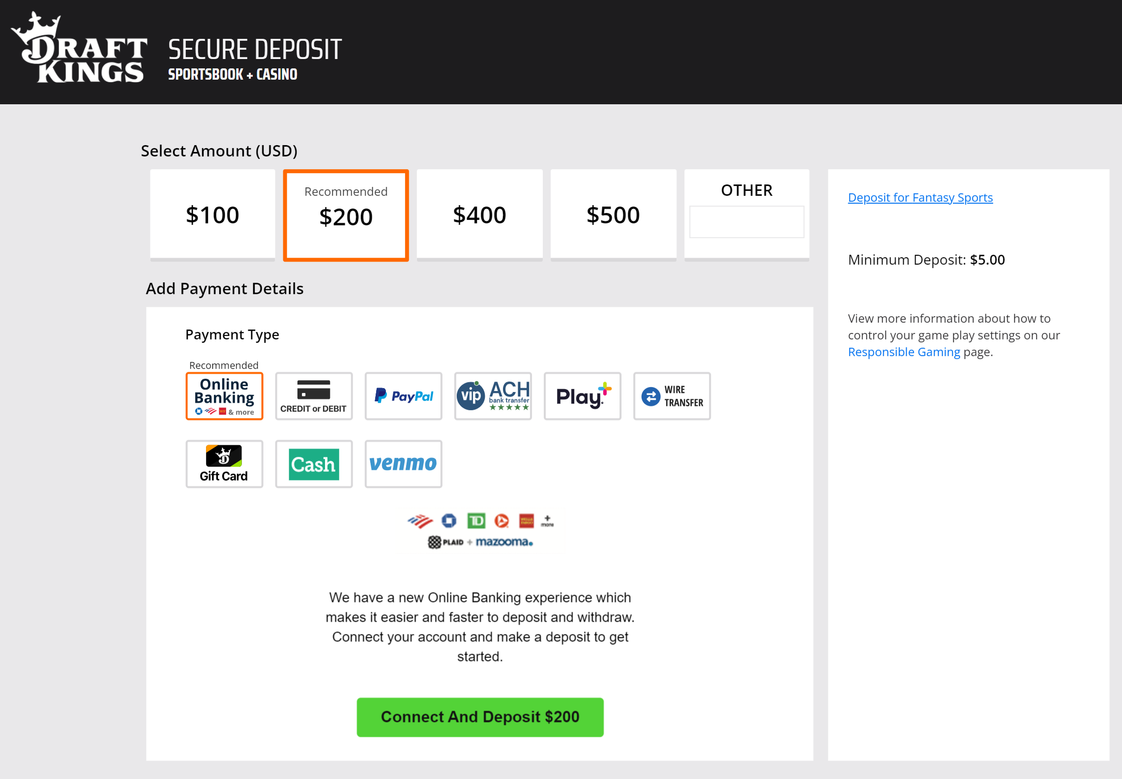 Screenshot of DraftKings defaulting to $200 deposit