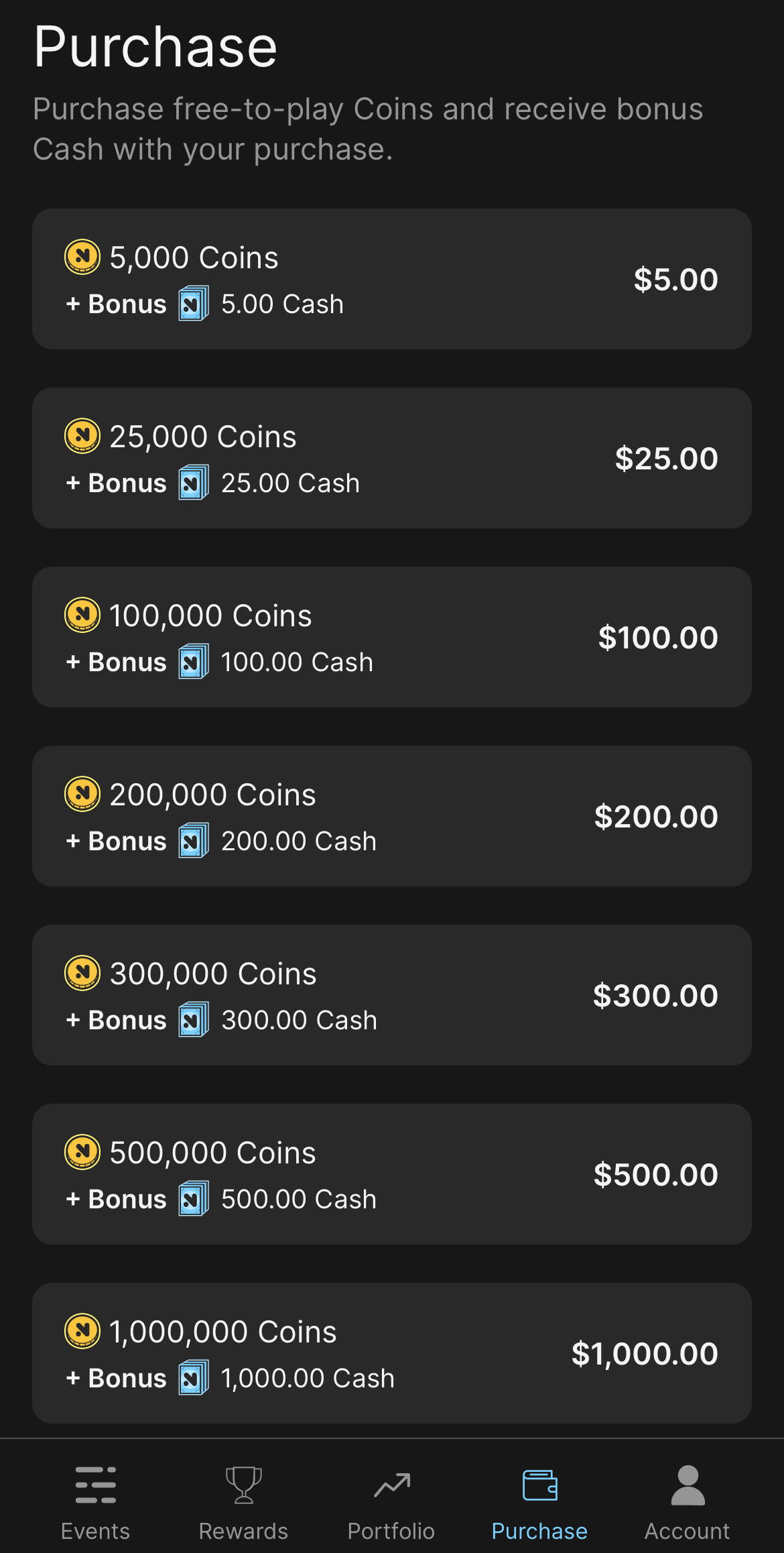 Screenshot of purchasing NoVig coins