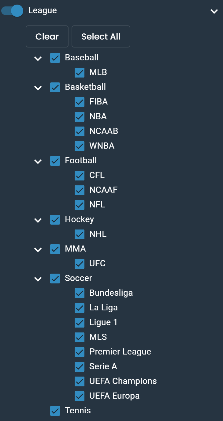 Screenshot of DarkHorse Odds Leagues Filters