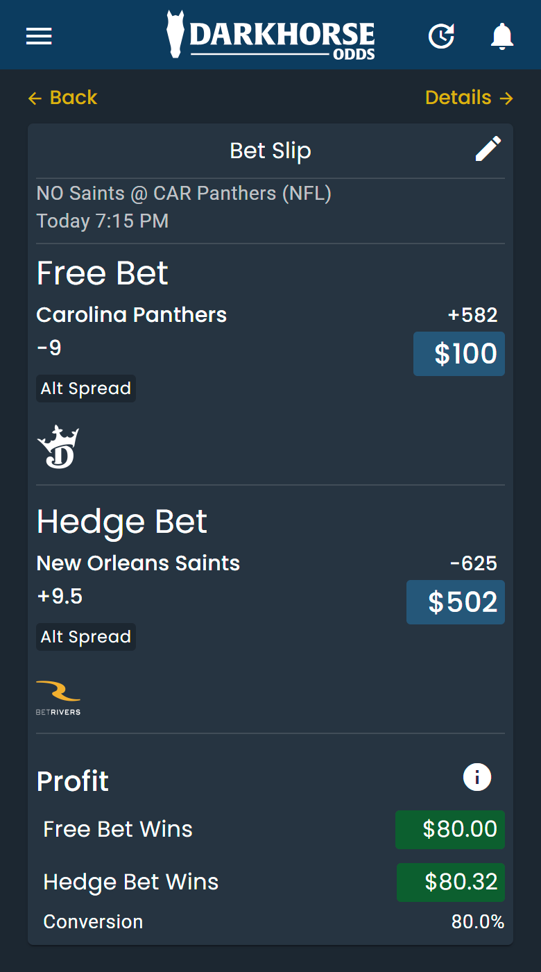 Screenshot of DarkHorse Odds Bet Slip with a middle