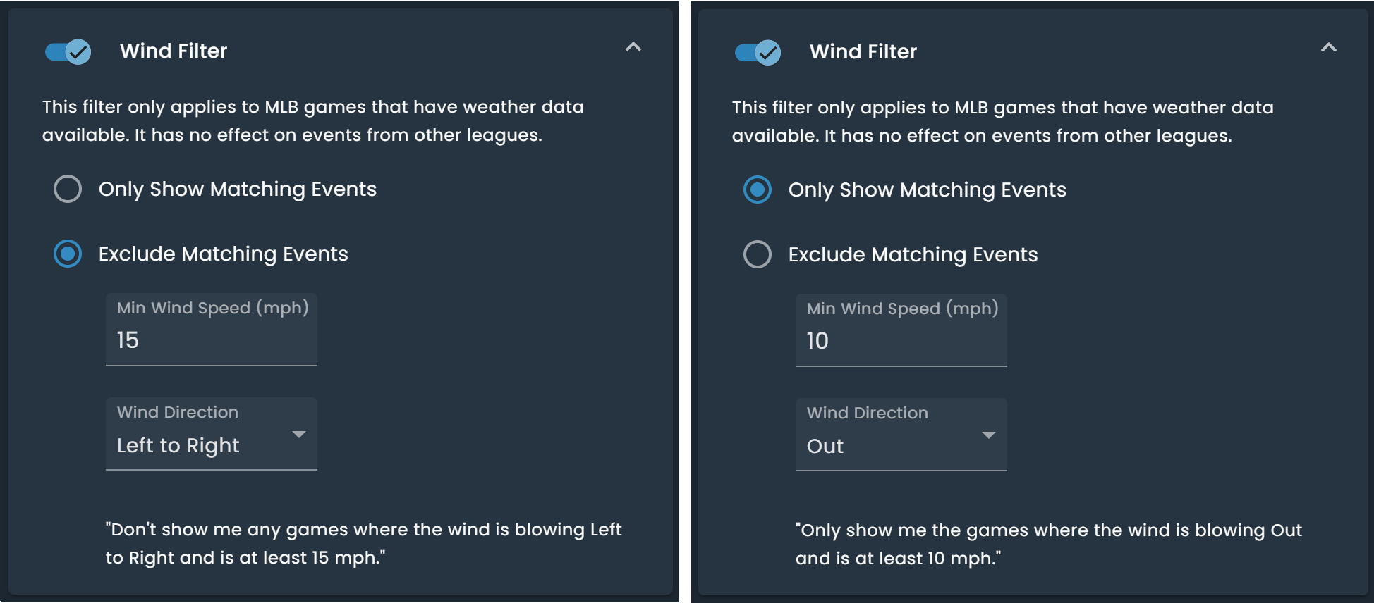 Screenshot of DarkHorse Odds Wind Filters