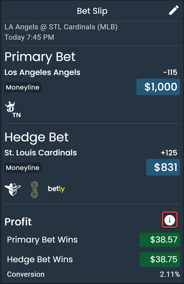 A bet slip showing how much to bet on each side of an arbitrage opportunity