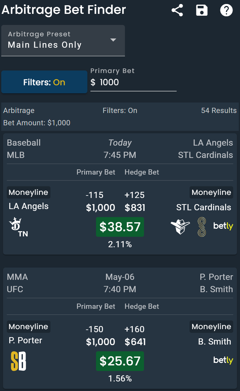 Screenshot of available arbitrage opportunities on DarkHorse Odds
