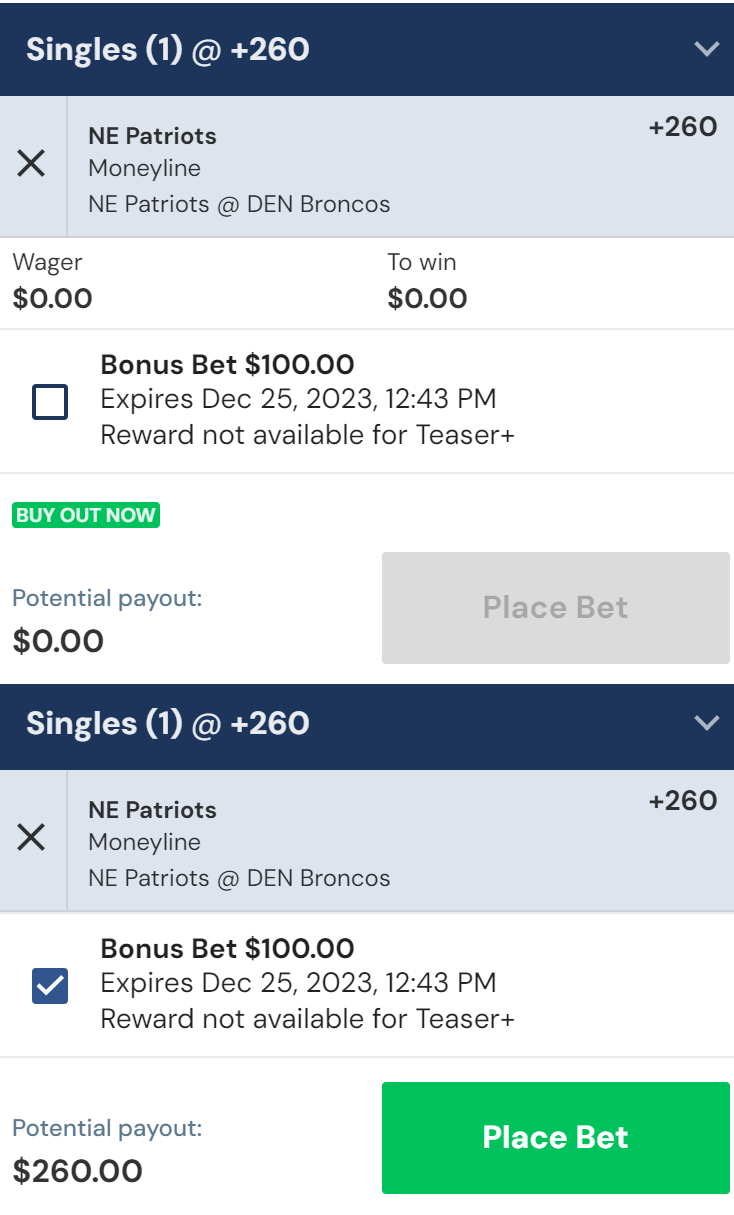 Screenshots showing how to apply a Free Bet on DraftKings
