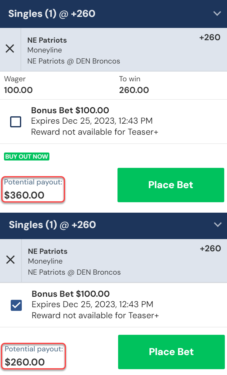 Screenshots showing the difference in payout between a cash bet and a Free Bet on BetRivers