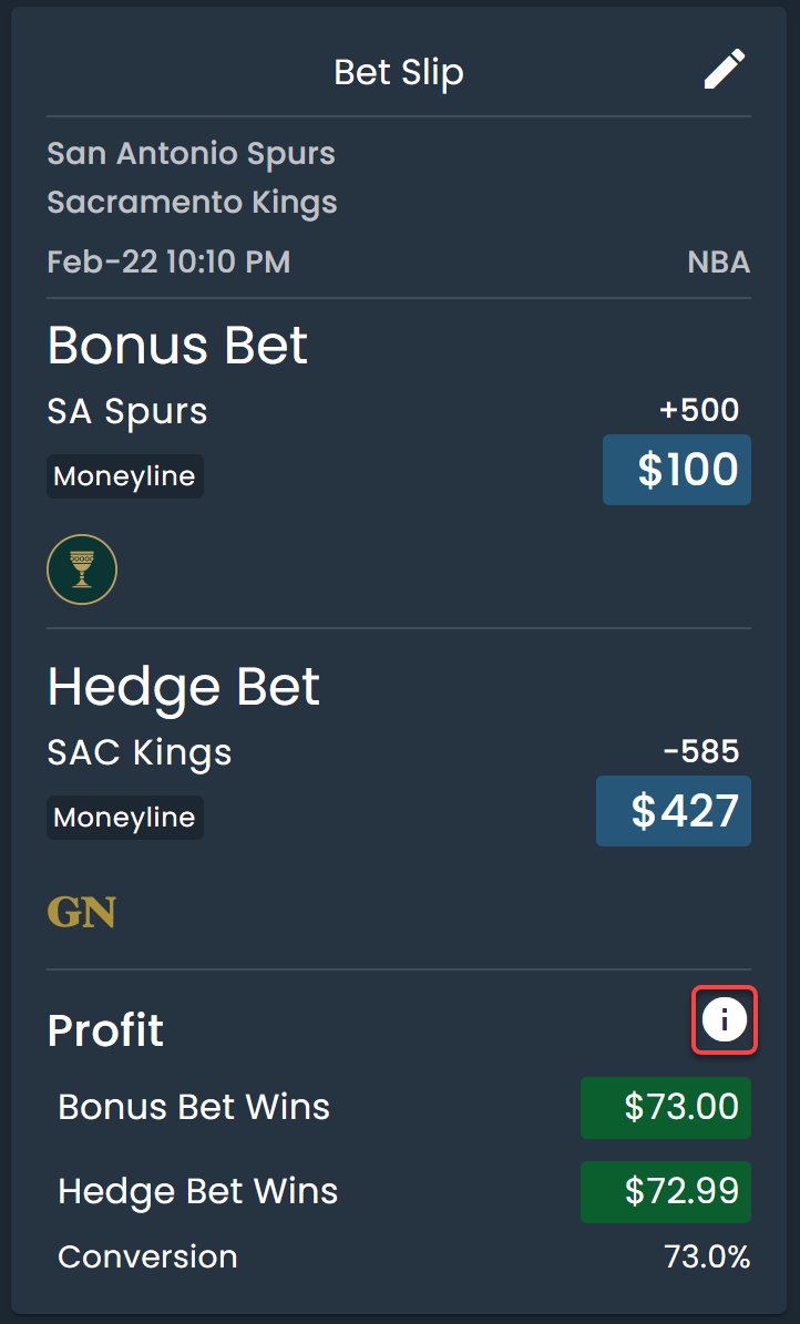 Bet slip showing you which bets to place to convert a free bet