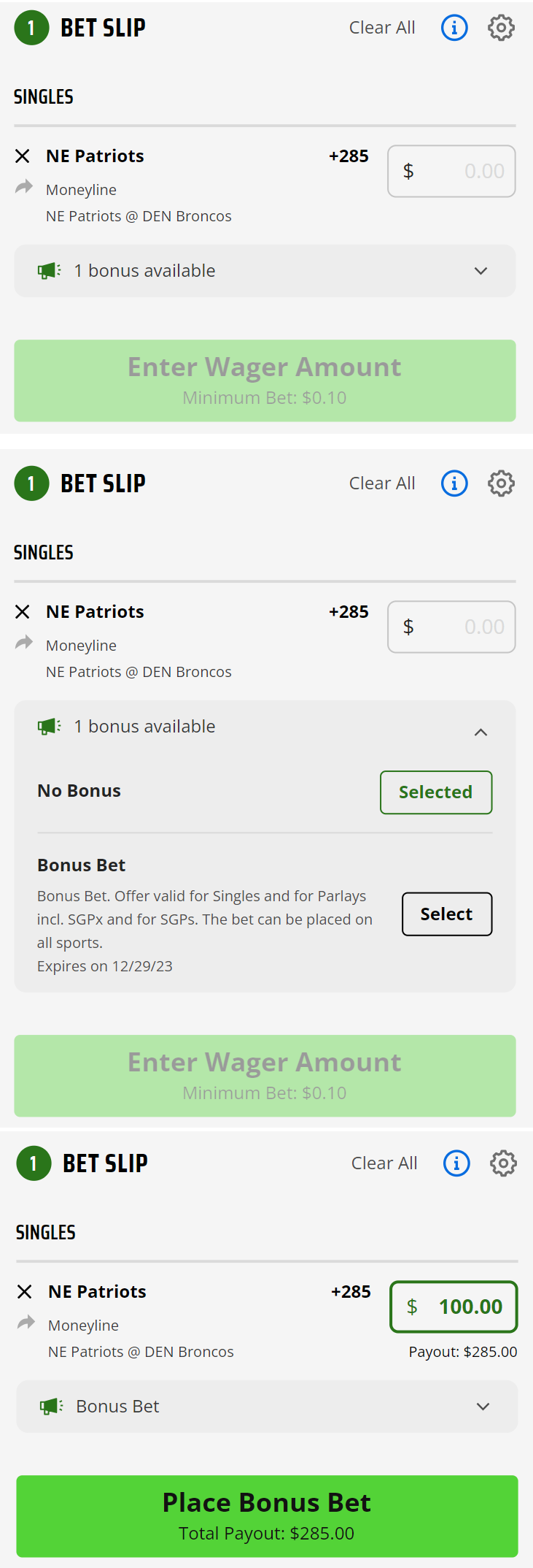 Screenshots showing how to apply a Free Bet on DraftKings