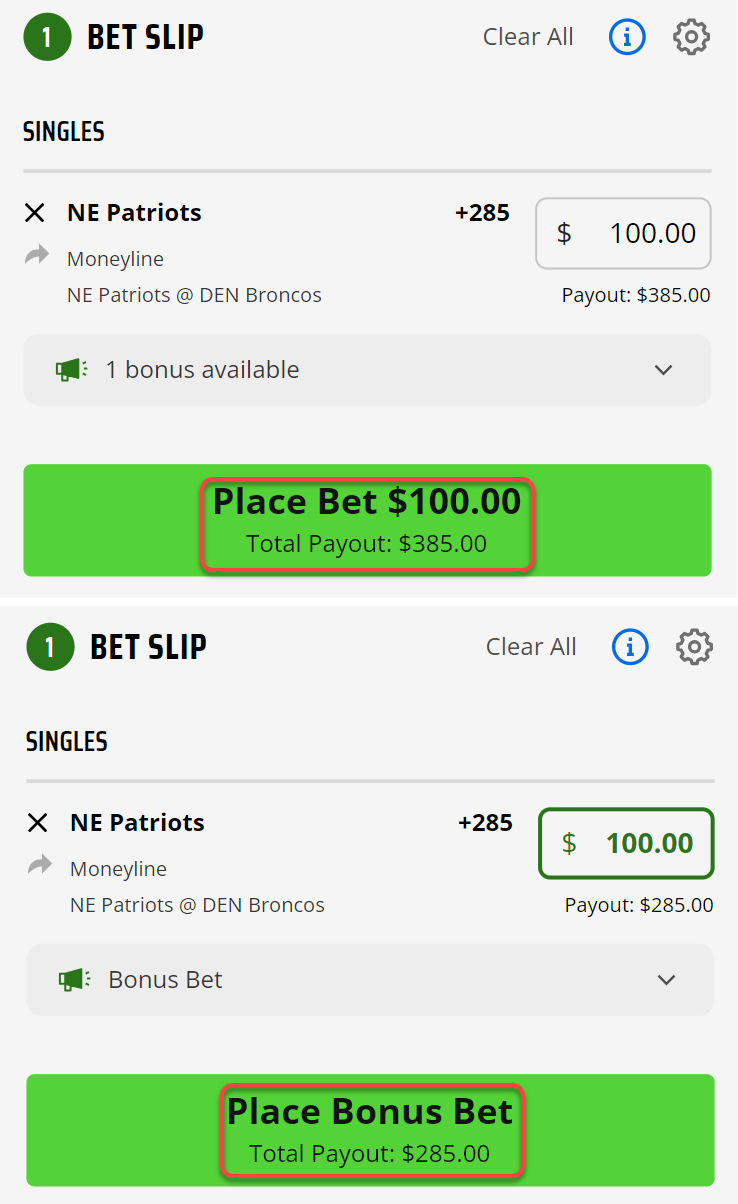 Screenshots showing the difference in payout between a cash bet and a Free Bet on DraftKings