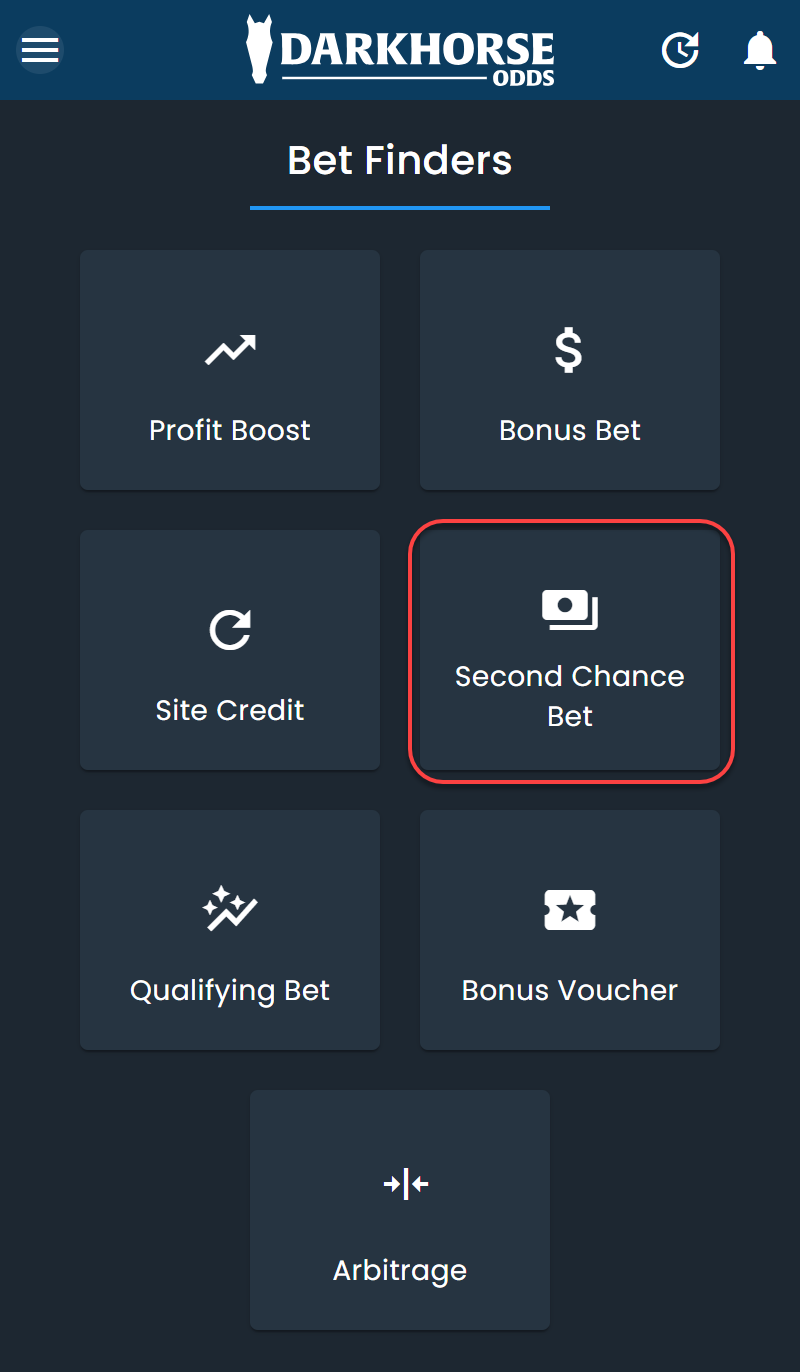 Screenshot of the Bet Finder menu on DarkHorse Odds with Second Chance Bet highlighted