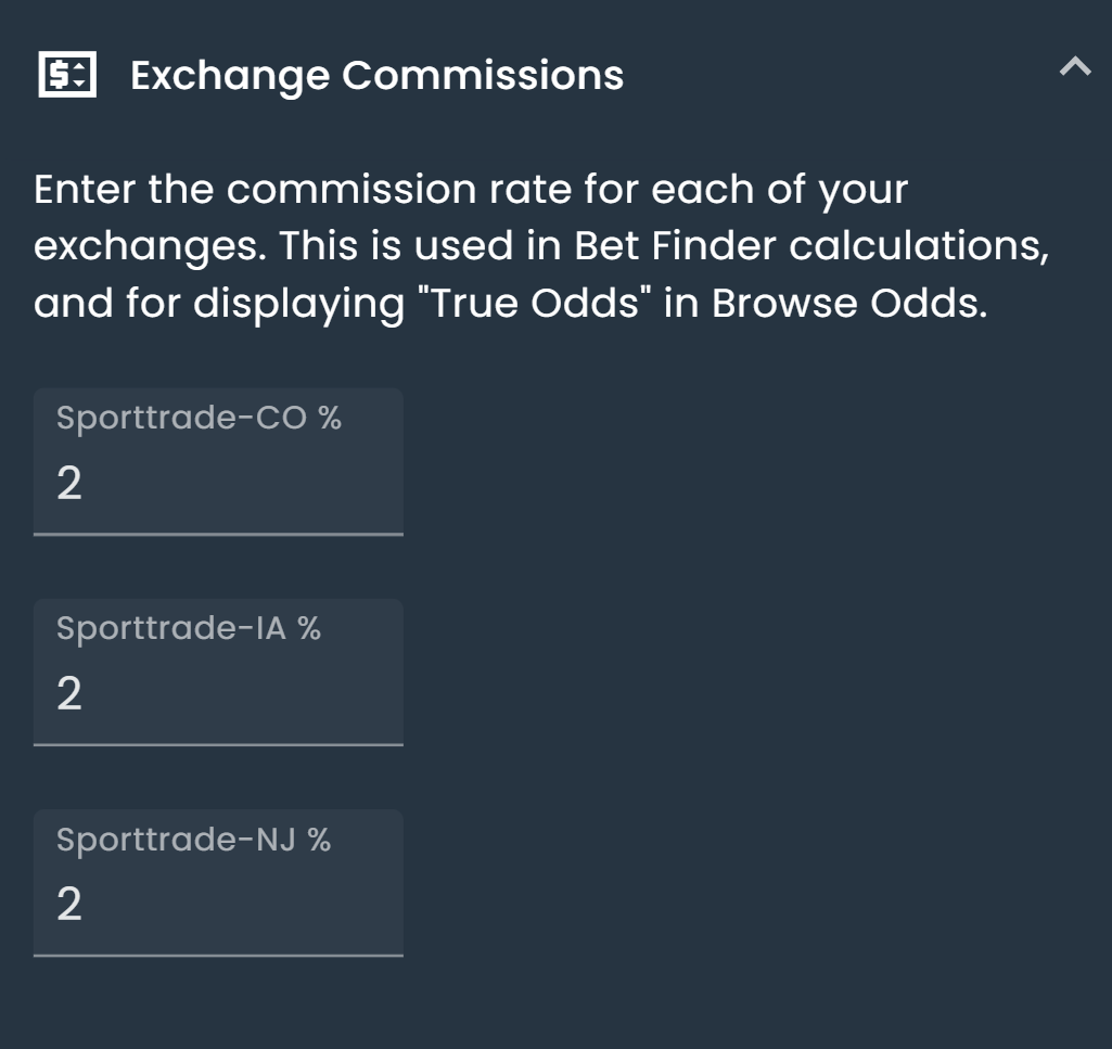Screenshot showing commission percentages of betting exchanges