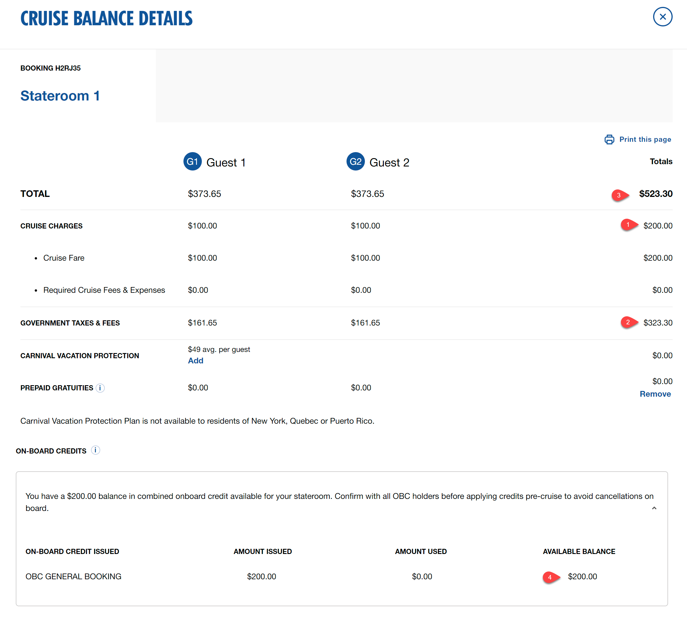 SCreenshot of a Carnival Cruise invoice with the free balcony offer