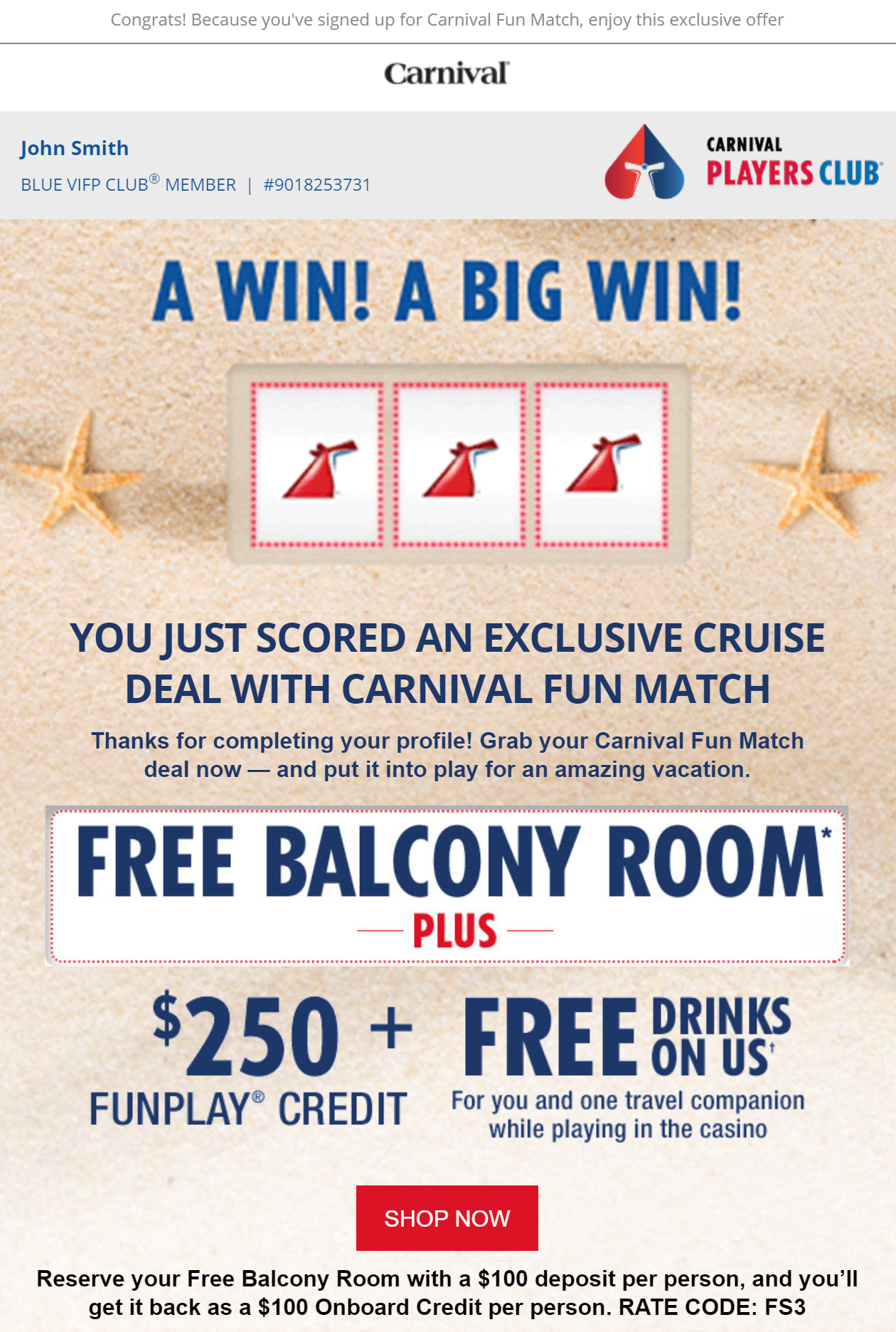 Free Balcony Cruise from Carnival Status Match