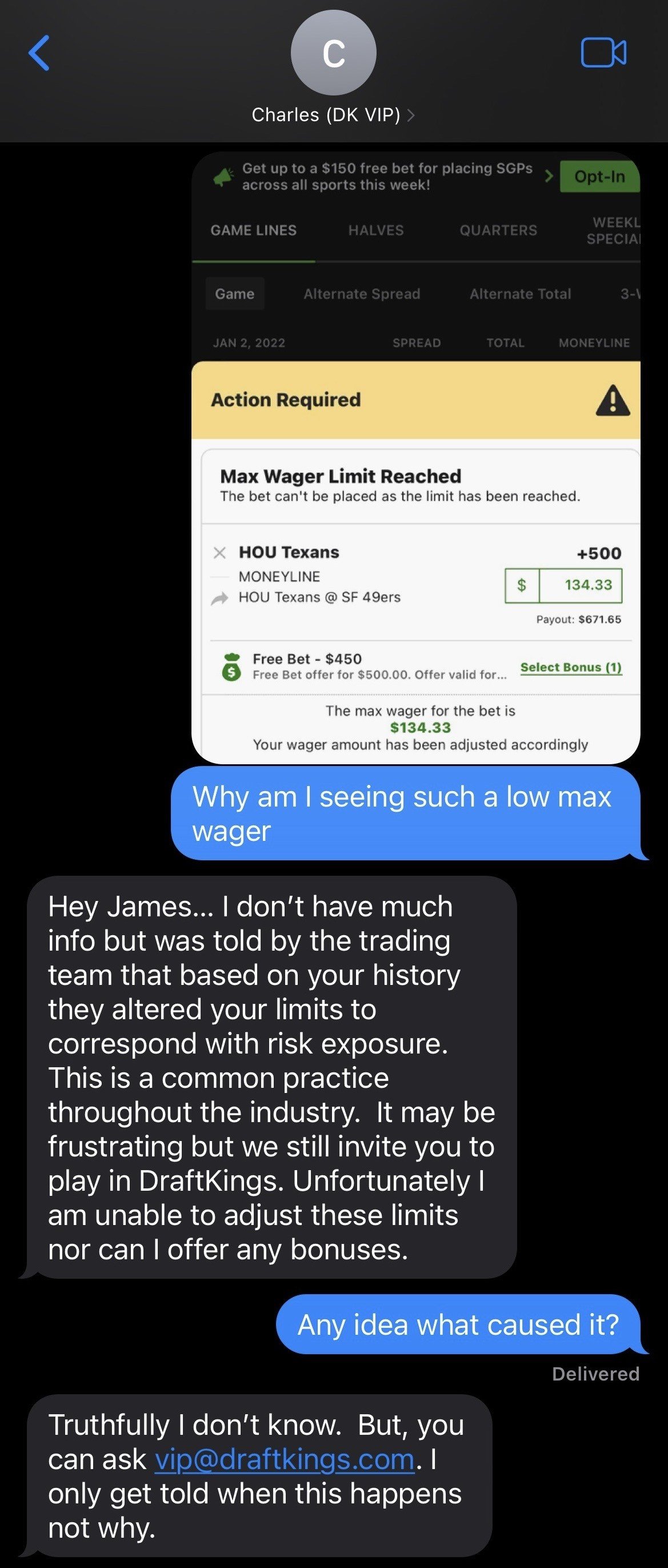 Text messages with a DraftKings VIP host stating that he does not know why the user was limited nor can he do anything about it