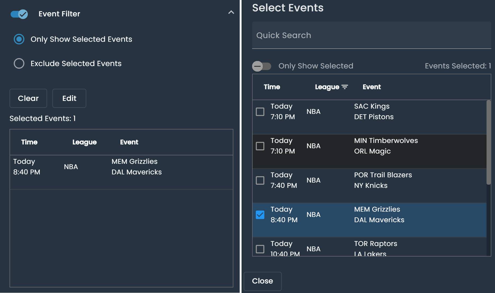 Screenshot of the DarkHorse Odds event filter