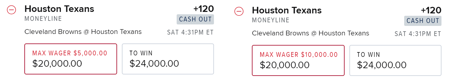 Screenshot of two different max bet amounts on FanDuel