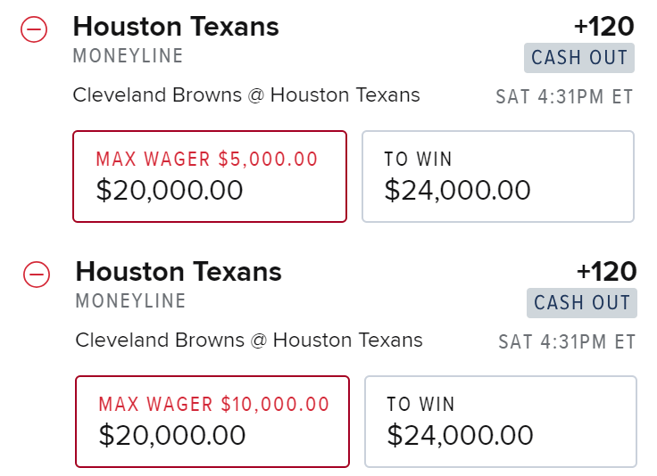 Screenshot of two different max bet amounts on FanDuel