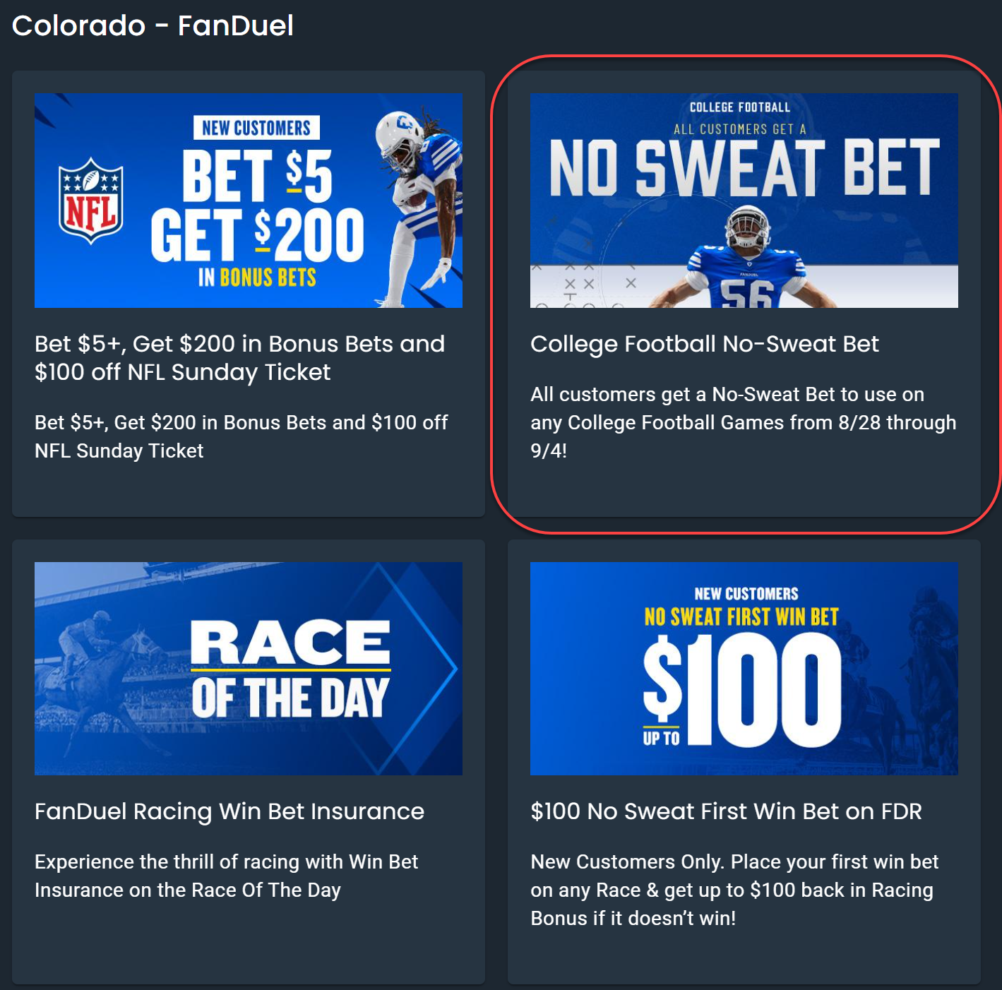 Screenshot of FanDuel Sportsbook Promotions displayed on the DarkHorse Odds Promo Dashboard