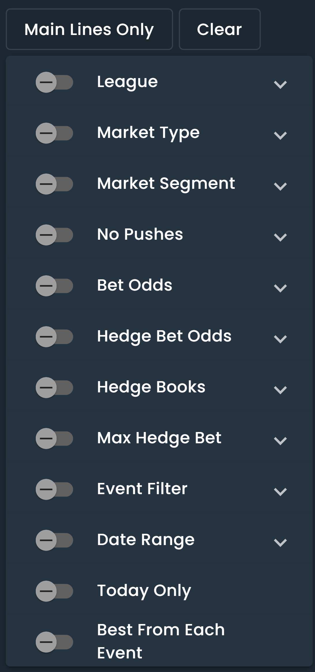 Screenshot of the filters on DarkHorse Odds