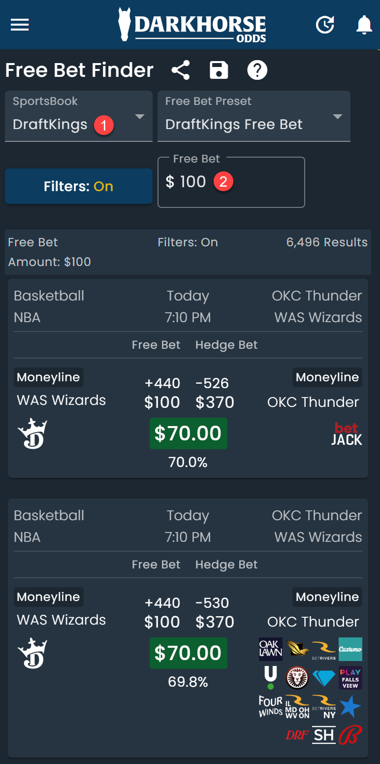 Screenshot showing availabe Free Bet conversions