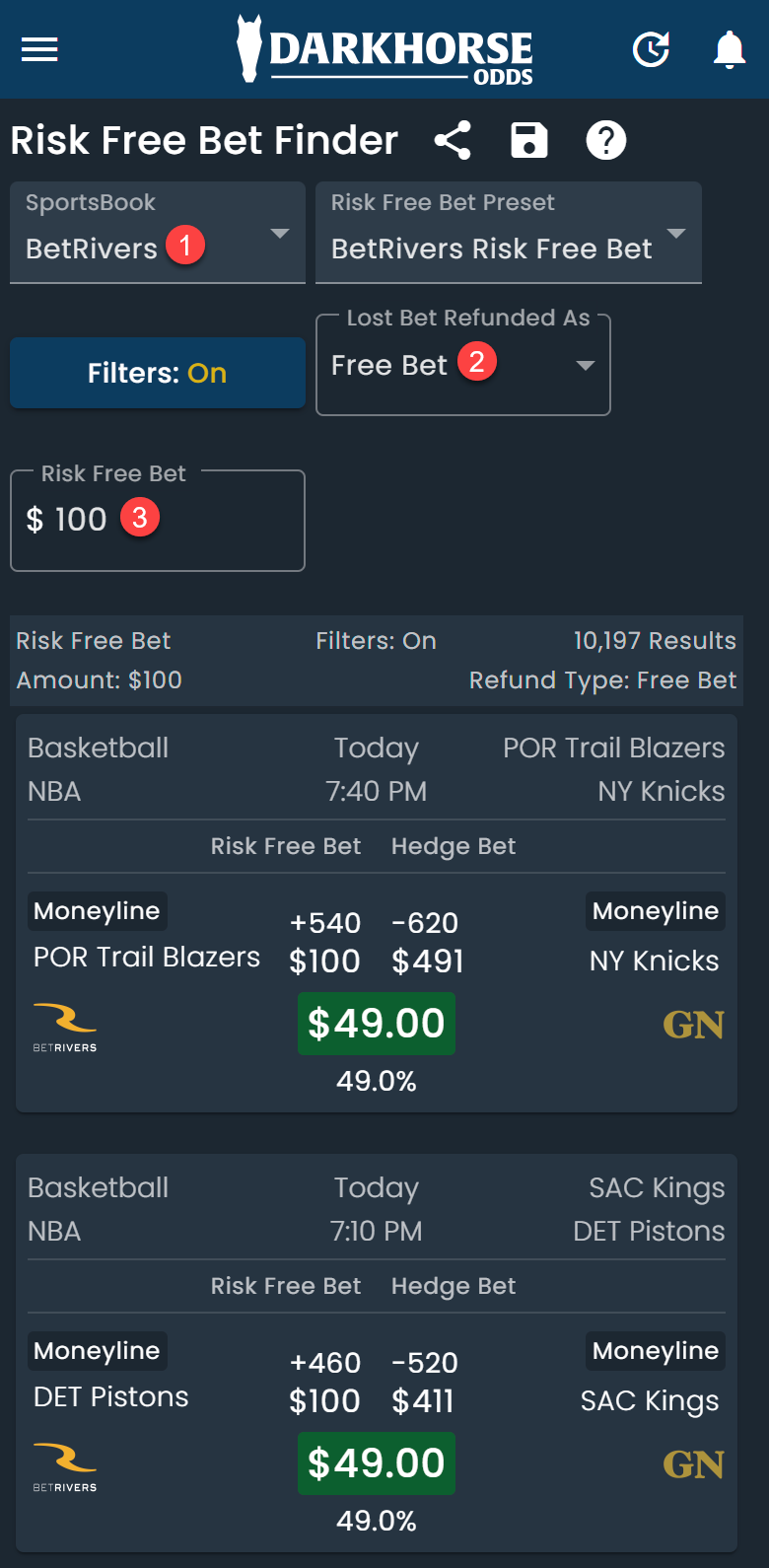 Risk Free Bet Calculator results table