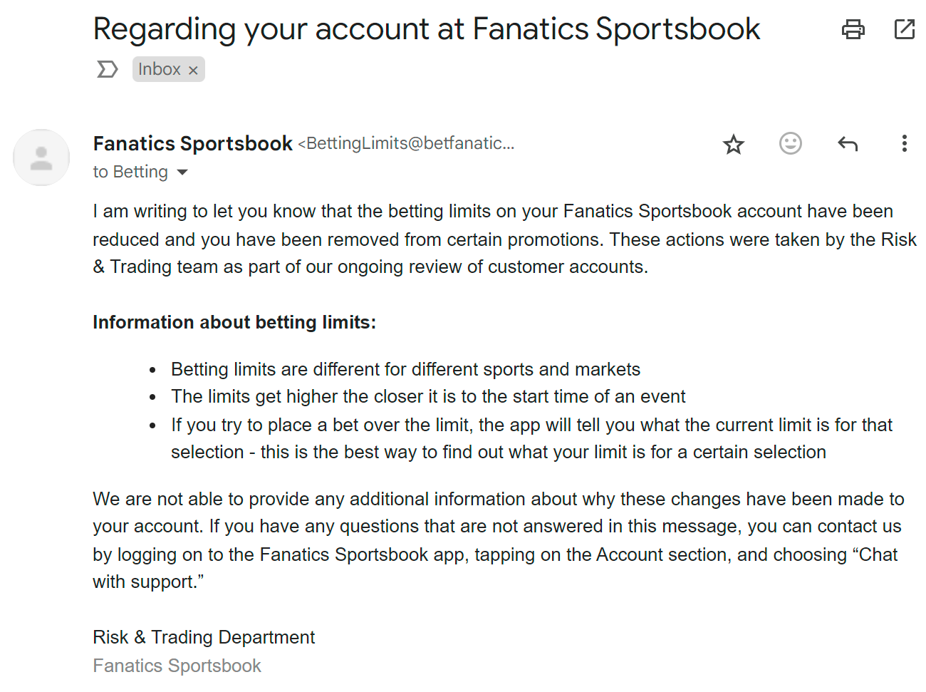 Email from Fanatics sportsbook saying they are imposing limits on a bettor