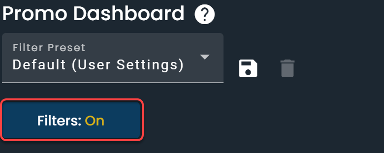 Screenshot of the Filters button on the DarkHorse Odds Promo Dashboard