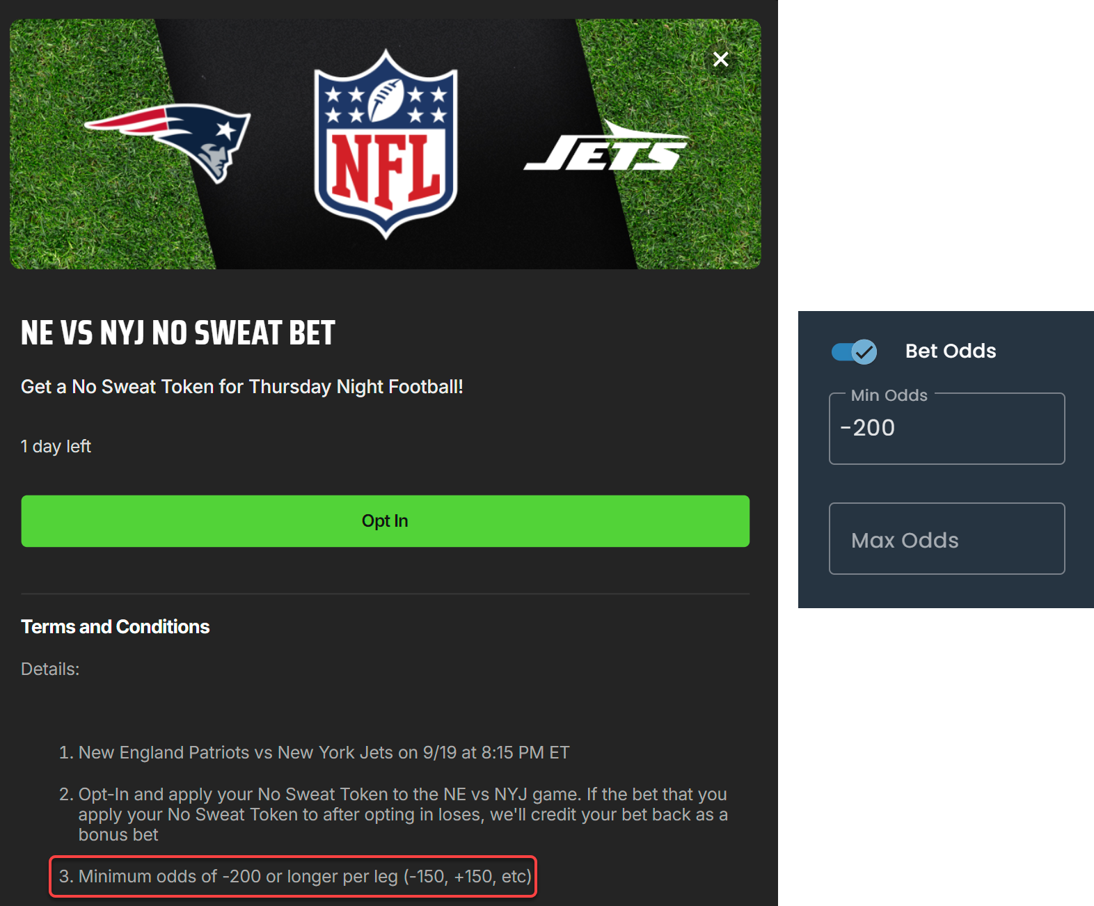 Screenshot showing minimum odds in DraftKings promotion terms and conditions and the DarkHorse Odds minimum Odds filter