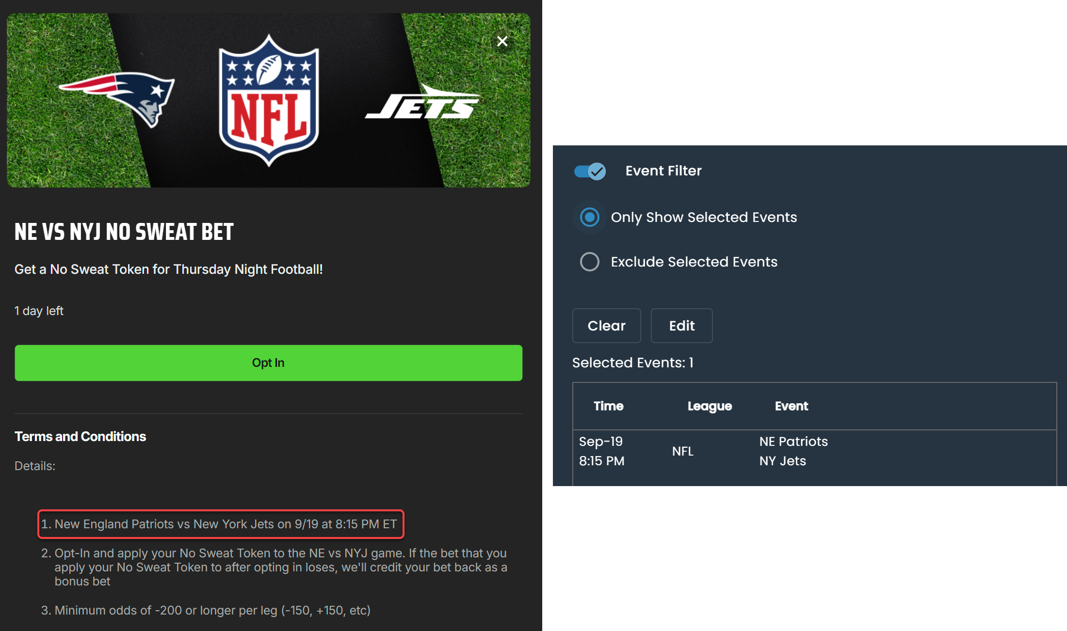 DraftKings event requirement and DarkHorse Odds event filter