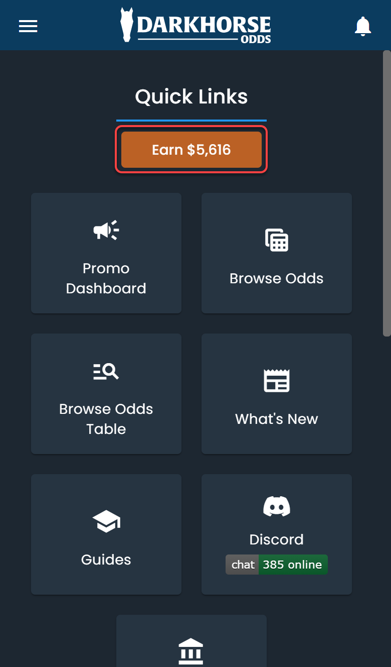 Screenshot of how to access the DarkHorse Odds sign-up offer dashboard