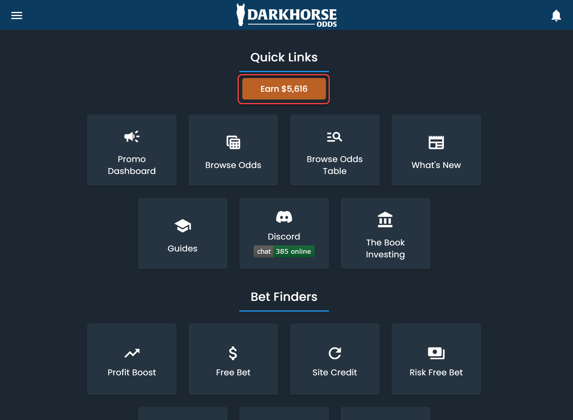 Screenshot of how to access the DarkHorse Odds sign-up offer dashboard