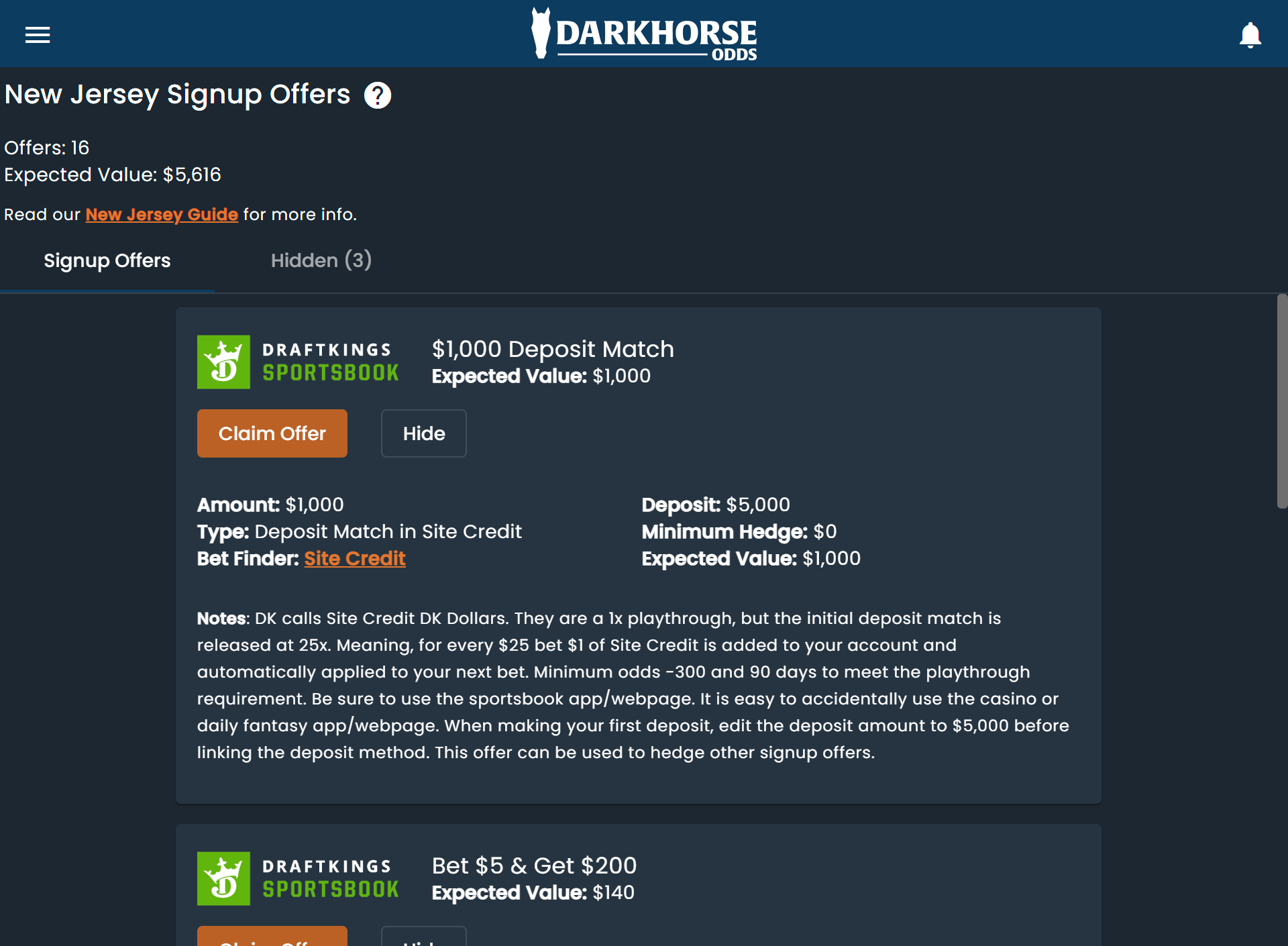 Screenshot of the DarkHorse Odds Sign-up Offer Dashboard