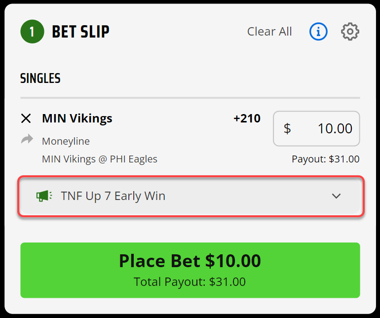 Screenshot of the Early Win promotion applied to teh DraftKings bet slip