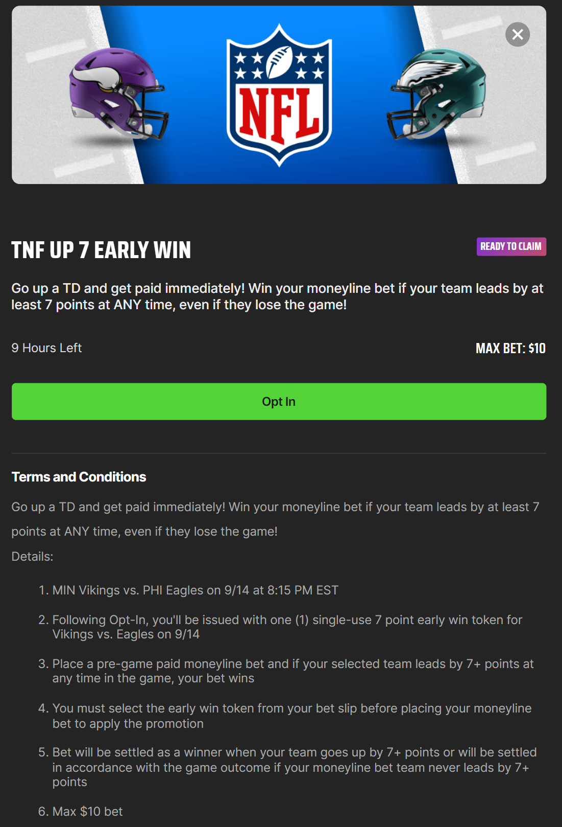 Screenshot fo the DraftKings Up 7 Early Win promotion