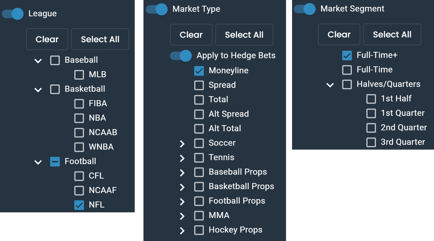 Screenshot of applying filters to the DarkHorse Odds Bet Finders