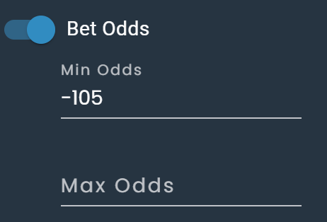 Screenshot of filtering the minimum bet odds to -105.