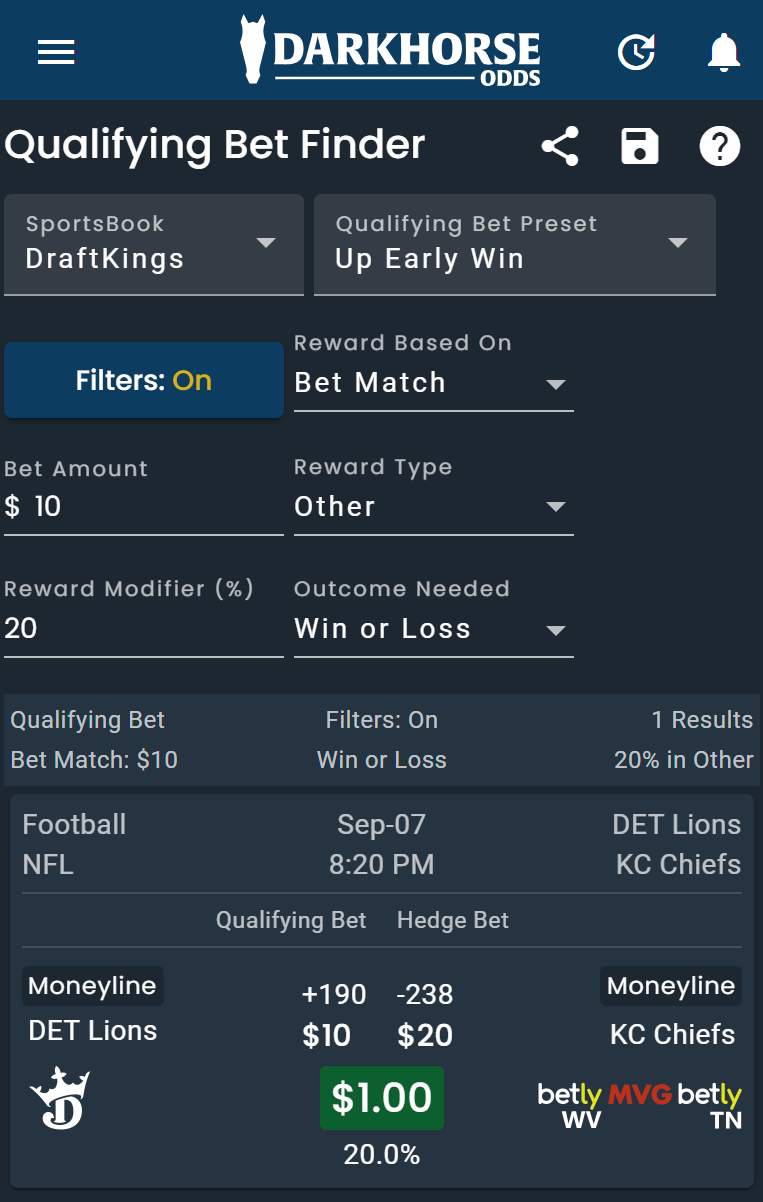 Screenshot of the DarkHorse Odds Qualifying Bet Finder