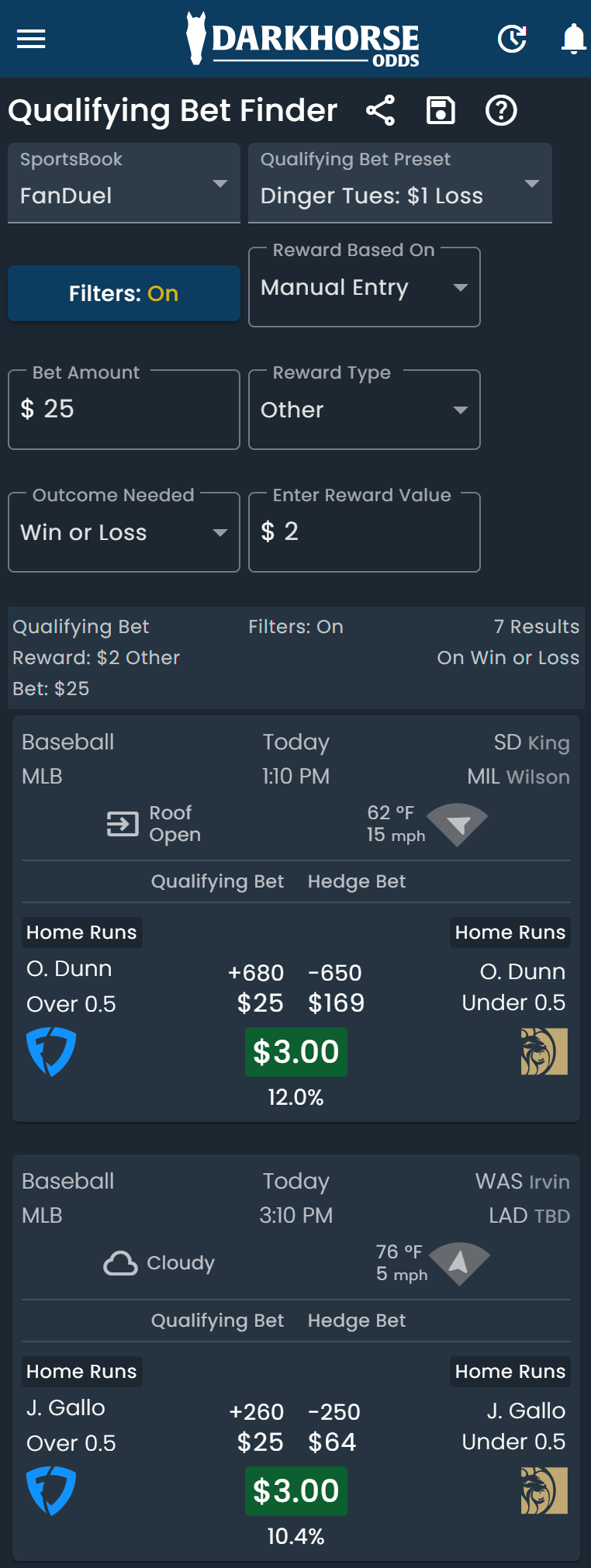 Screenshot of the DarkHorse Odds Bet Calculators as they relate to FanDuel's Dinger Tuesday