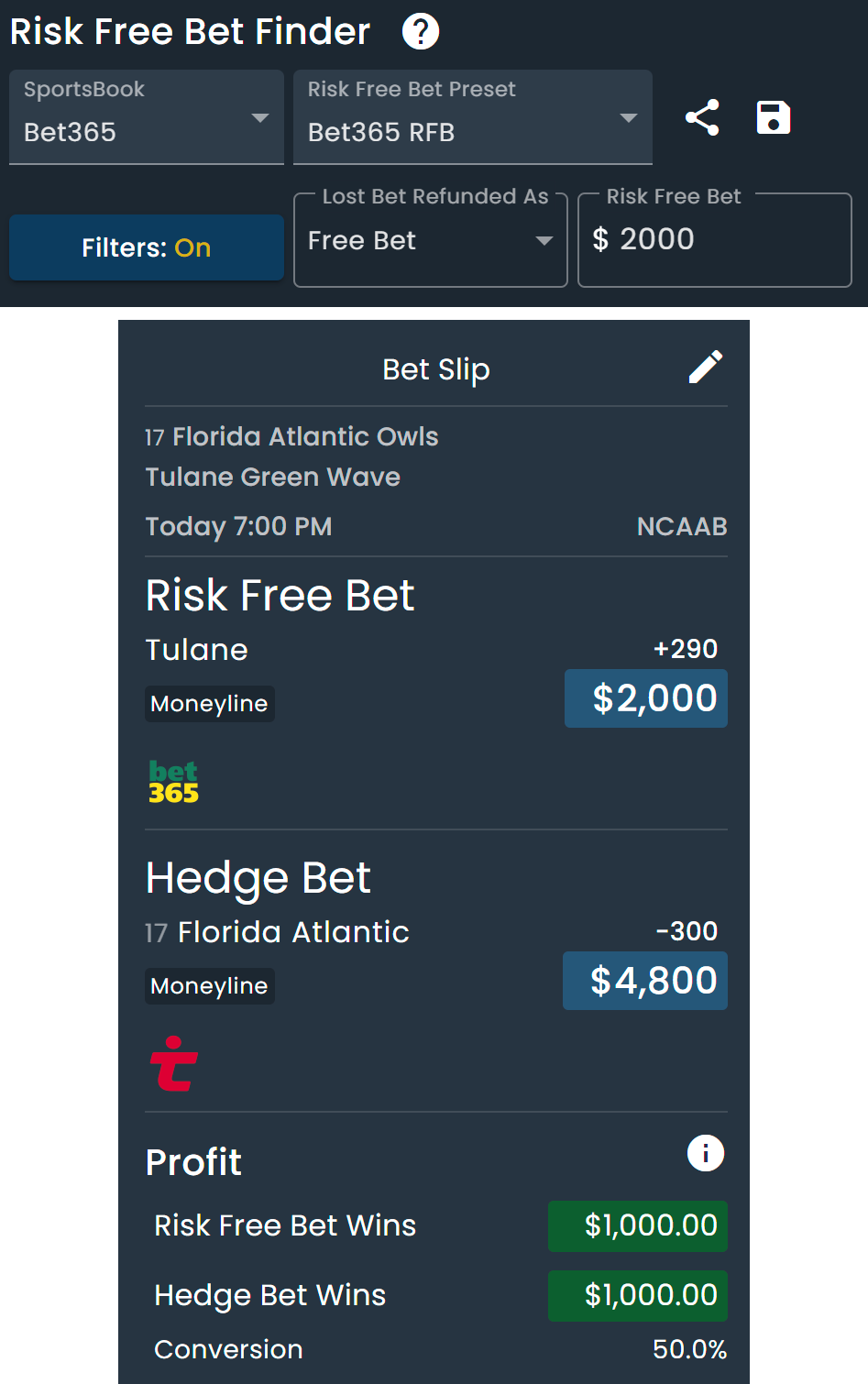 Screenshot of the DarkHorse Odds Bet Finder Settings for the Bet365 $2,000 Second Chance Bet