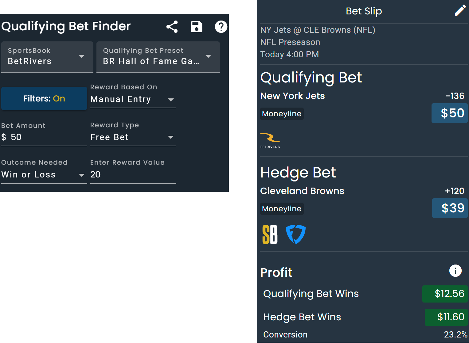 Screenshot of the Qualifying Bet Finder on DarkHorse Odds a BetRiver Qualifying Bet.