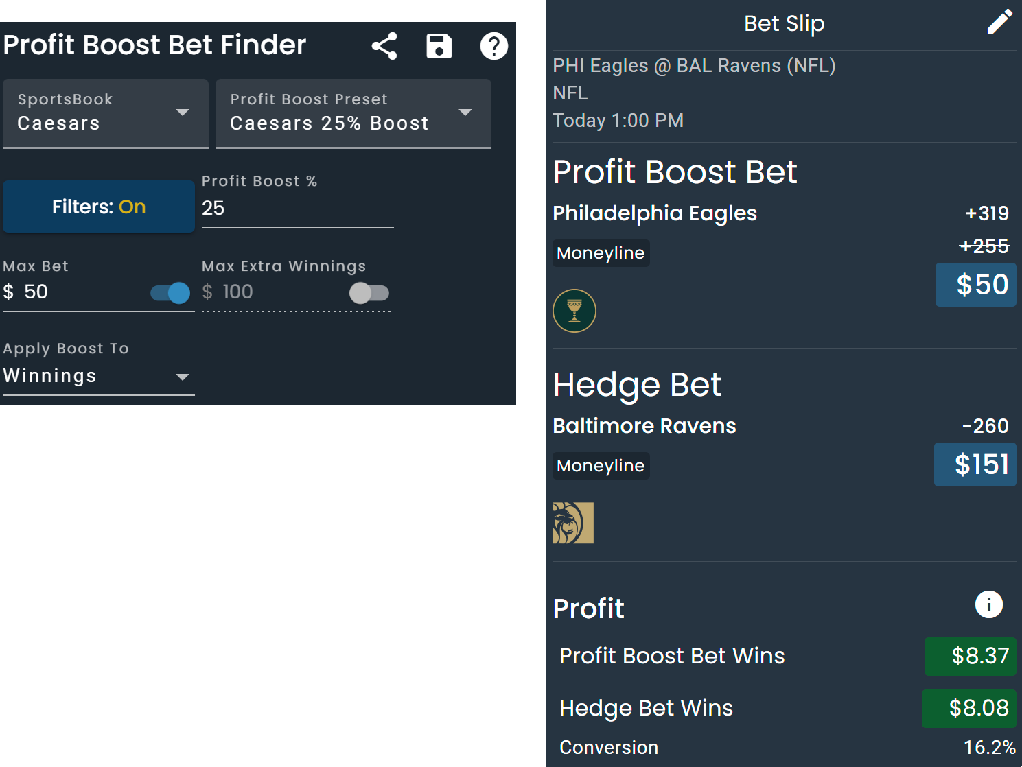 Screenshot of the Profit Boost Bet Finder on DarkHorse Odds