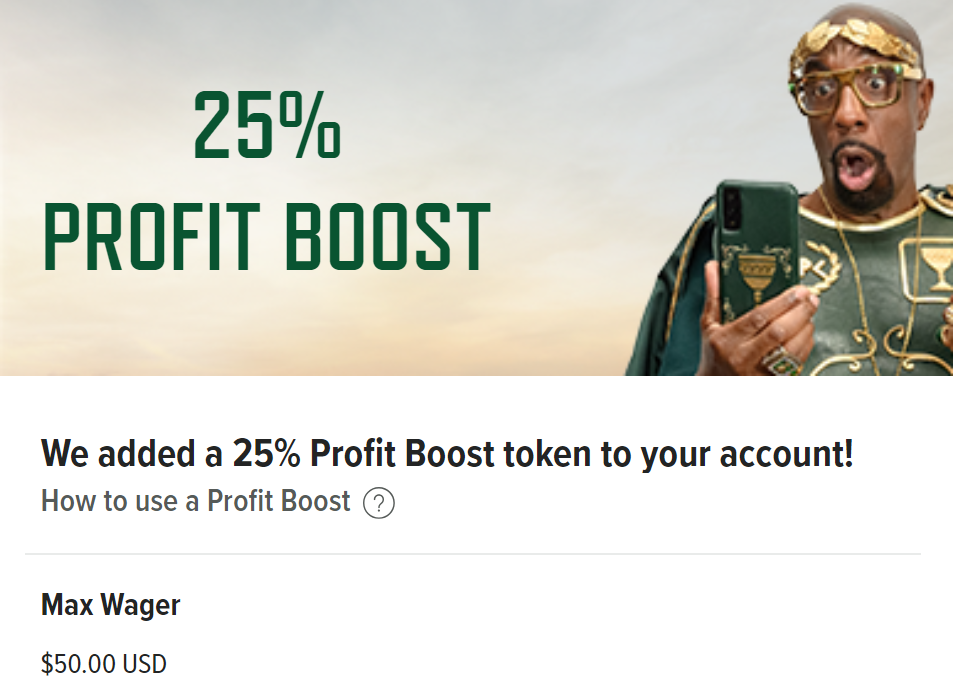 Screenshot of a 25% Profit Boost on Caesars Sportsbook