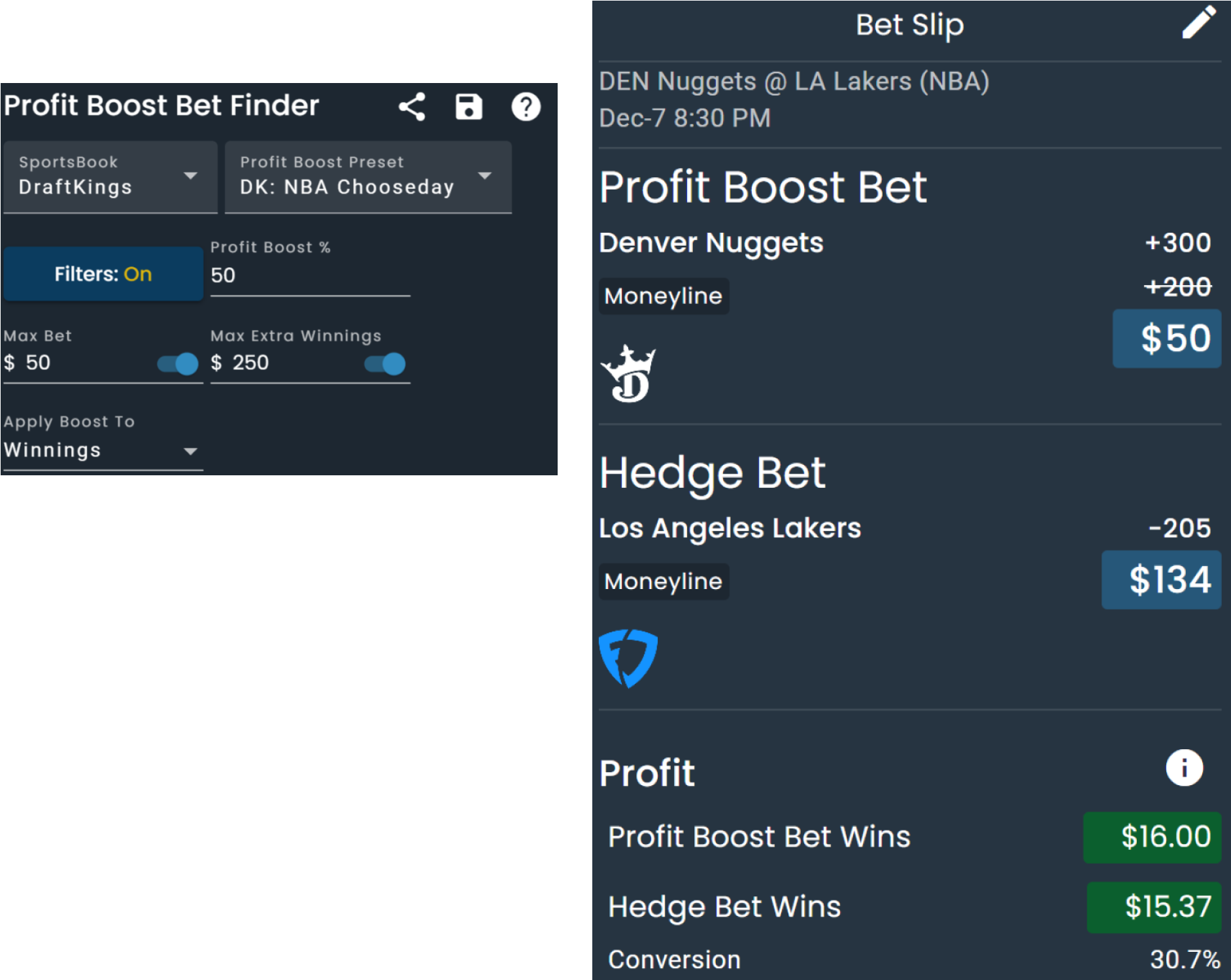 Screenshot of the Profit Boost Bet Finder on DarkHorse Odds a DrafKings Profit Boost.