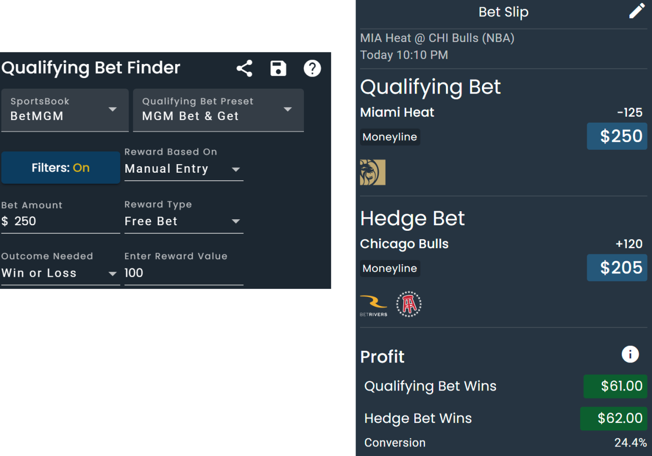 Screenshot of DarkHorse Odds' Qualifying Bet Finder