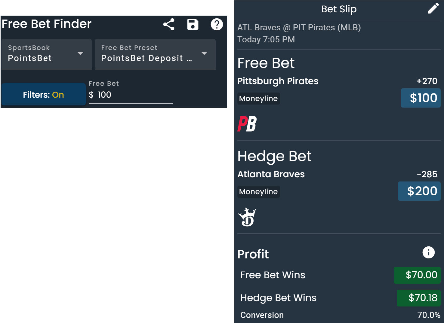 Screenshot of the Free Bet Finder on DarkHorse Odds