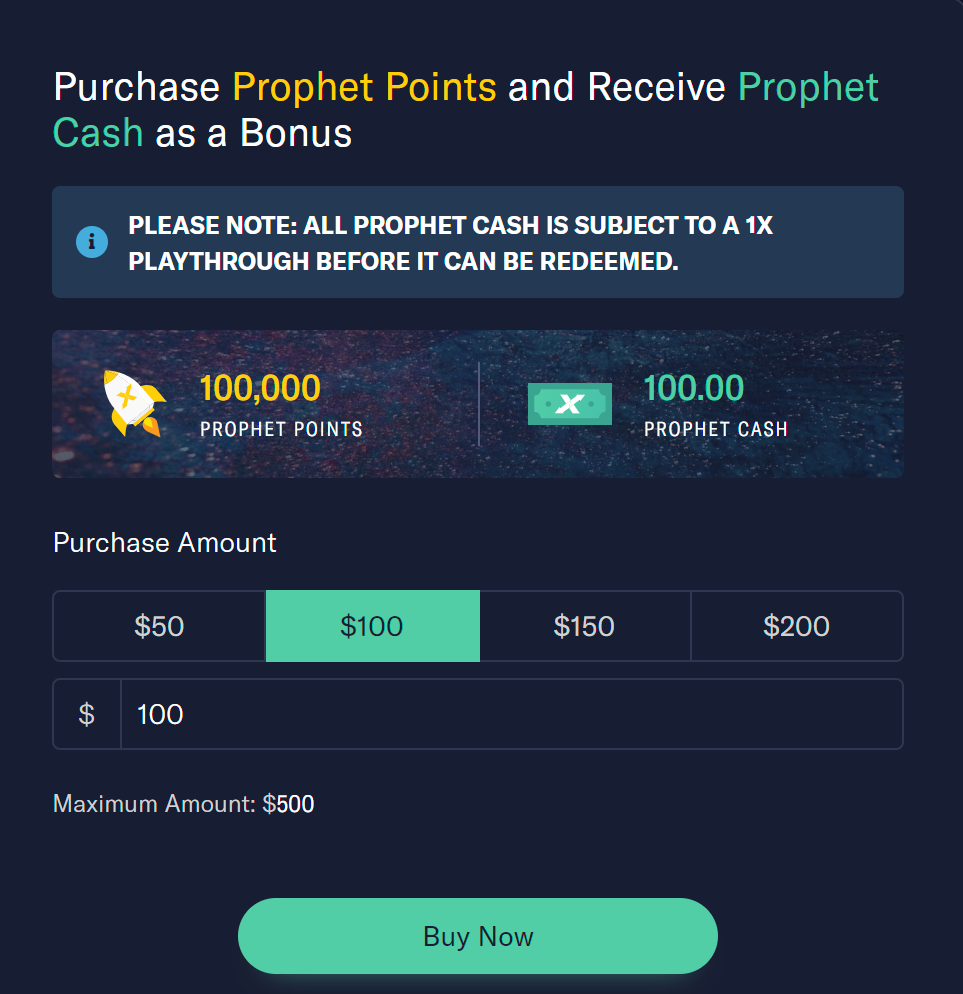 Screenshot of buying Prophet Points and Prophet Cash on ProphetX