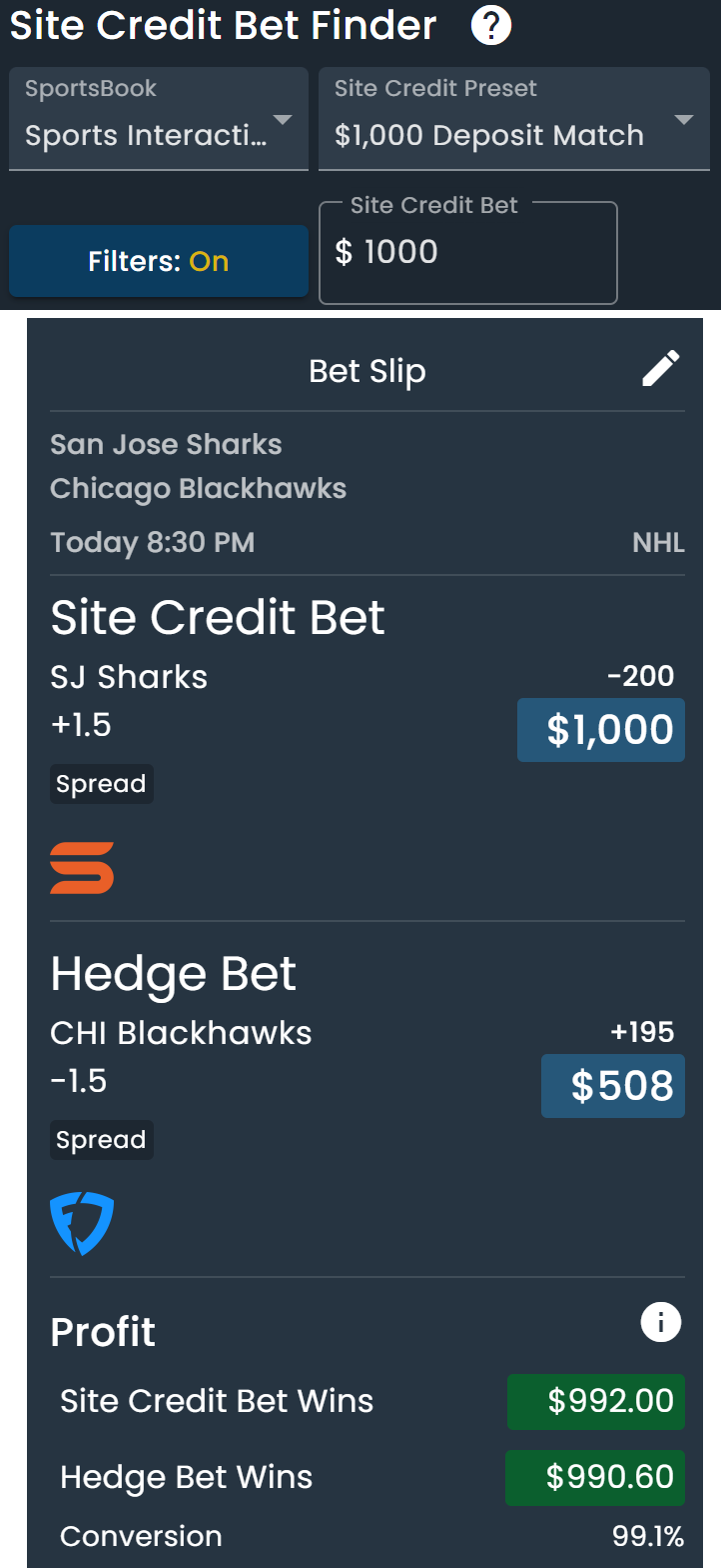 Screenshot of the DarkHorse Odds Site Credit Bet Finder settings for the $1,000 Deposit Match