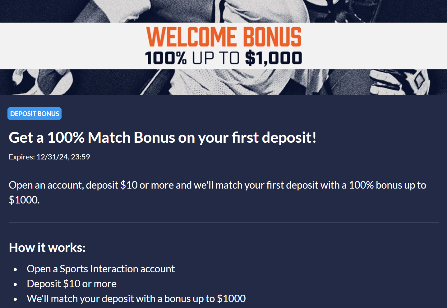 Screenshot of a $1,000 deposit match from Sports Interaction