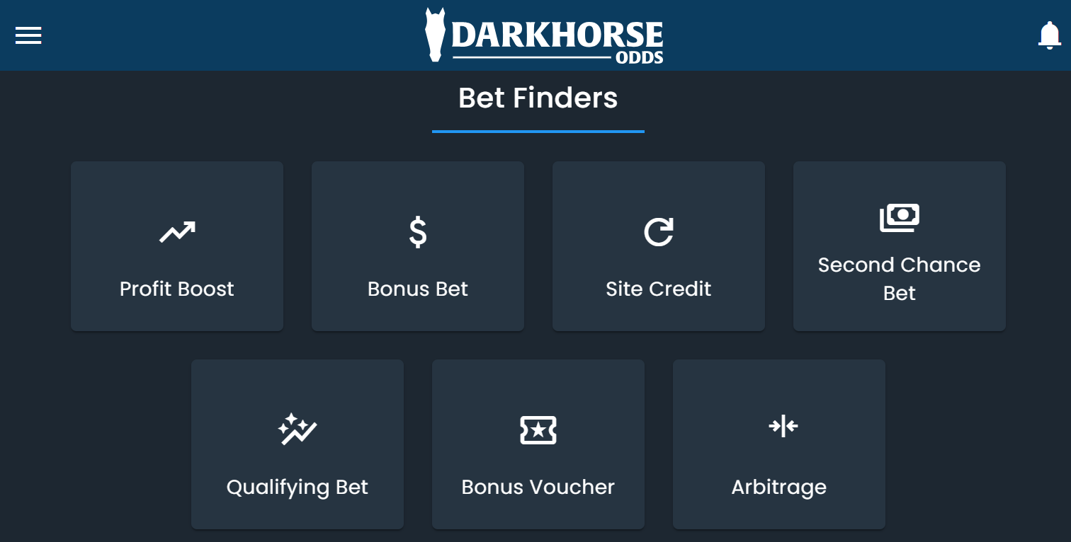 Screenshot of the DarkHorse Odds Bet Finder selection menu