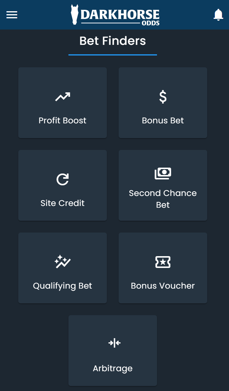 Screenshot of the DarkHorse Odds Bet Finder selection menu