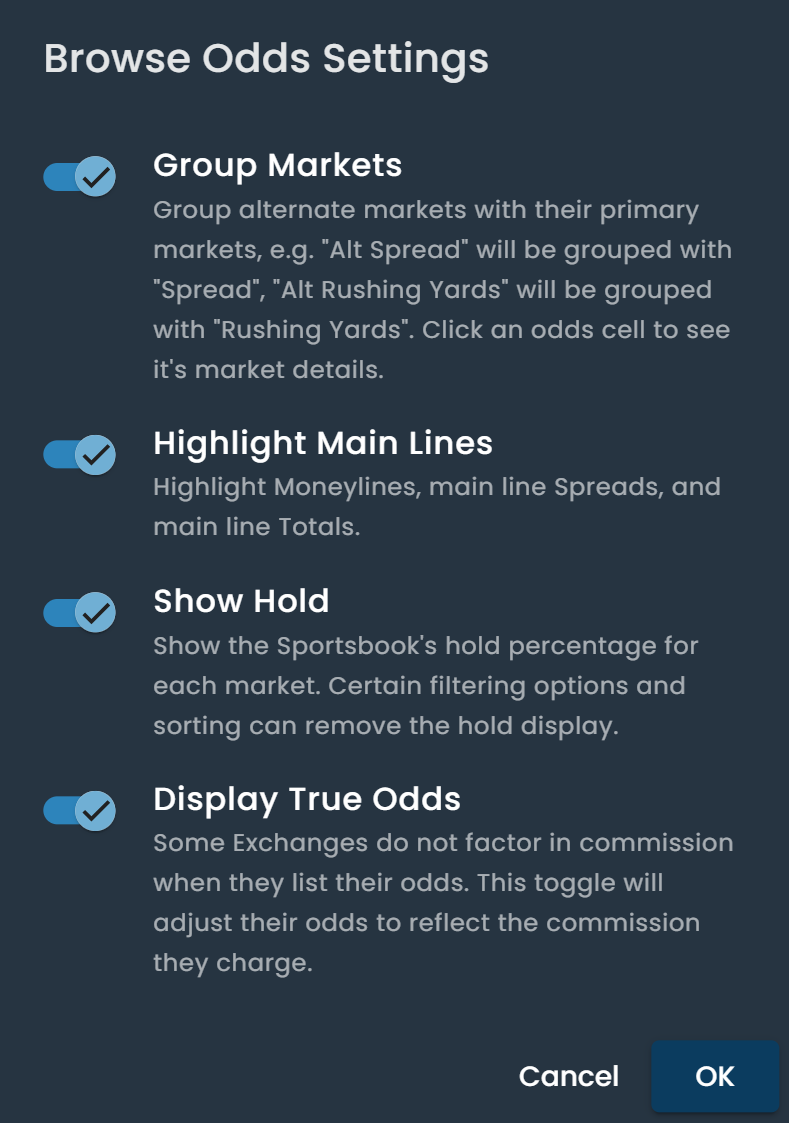 DarkHorse Odds Browse Odds settings